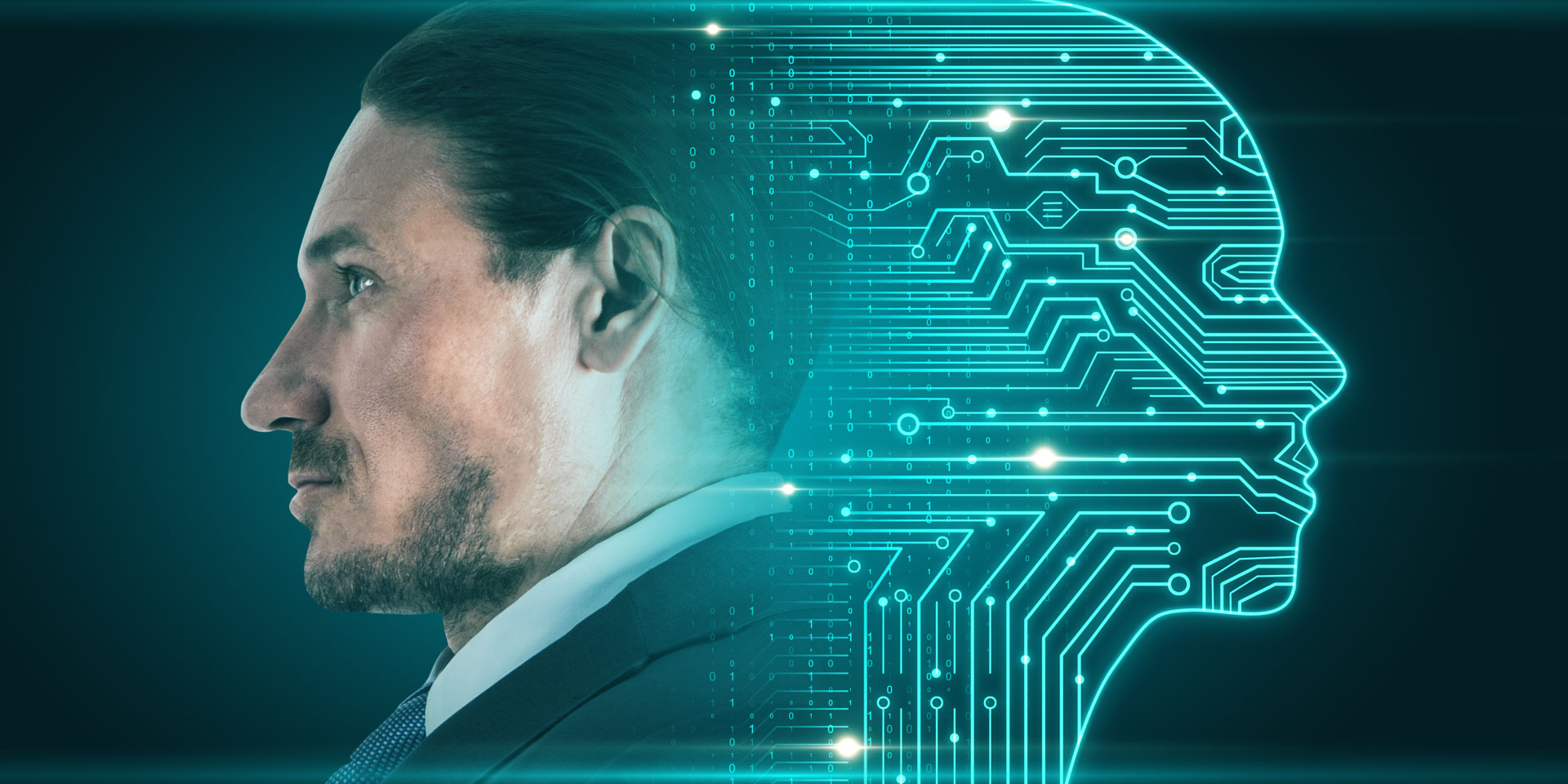 Mensch und KI-Overlay symbolisiert verantwortungsvolle Künstliche Intelligenz